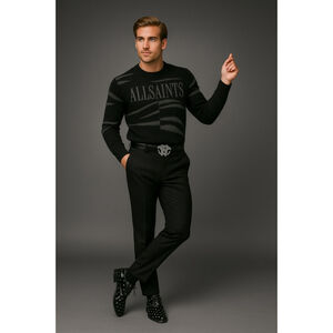 AllSaints Oversized Mohair Sweater in Gray + Black Abstract Stripe